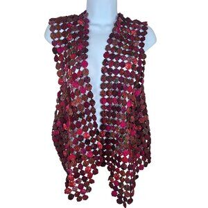 Vintage Handcrafted Multicolor Yo-Yo Vest 100% Silk Open Weave Womens L Red Pink